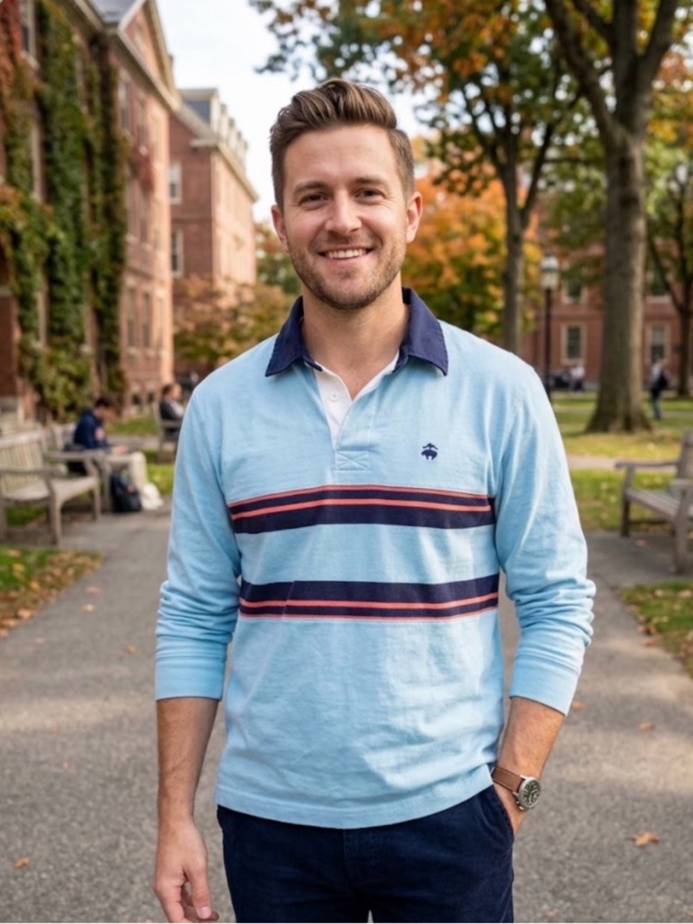 Brooks Brothers Light Blue Rugby Polo with Navy Collar and Stripes